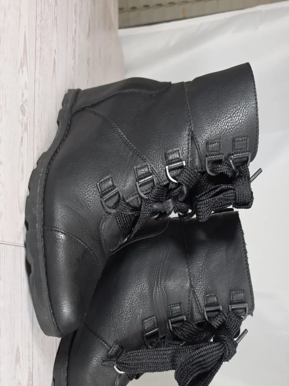 Universal Thread Black Ankle Boots Size 6.5 Lace Up Buckle Faux Leather Wedge